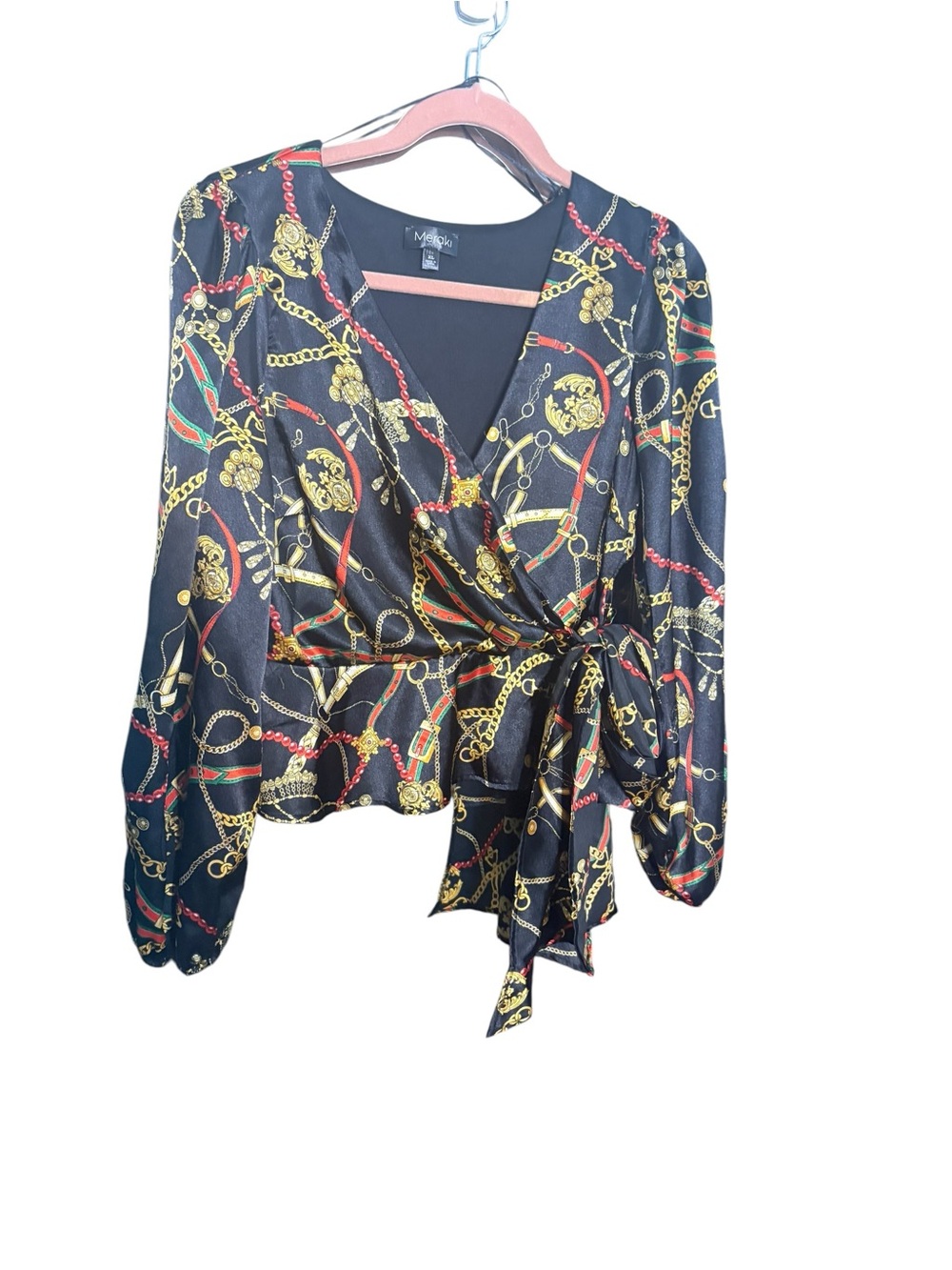 meraki Black Chain & Rope Print Long Sleeve Wrap Blouse with Peplum Hem sz XL